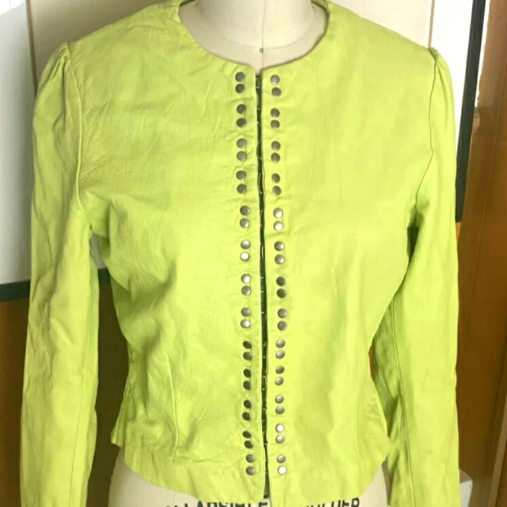 1K+ GRAI BY MAYA YOGEV LIME GREEN S/M LEATHER PEPLUM JACKET CHARTREUSE/DESIGNER